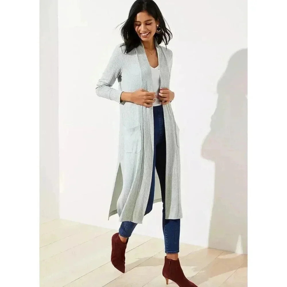 Ann Taylor LOFT Mint Green Ribbed Pocket Duster Cardigan Sweater XS